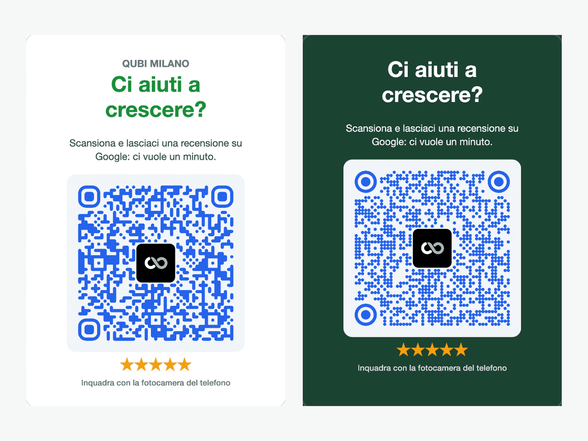 Due cartelli con il QR per lasciare una recensione su Google, uno chiaro e uno scuro
