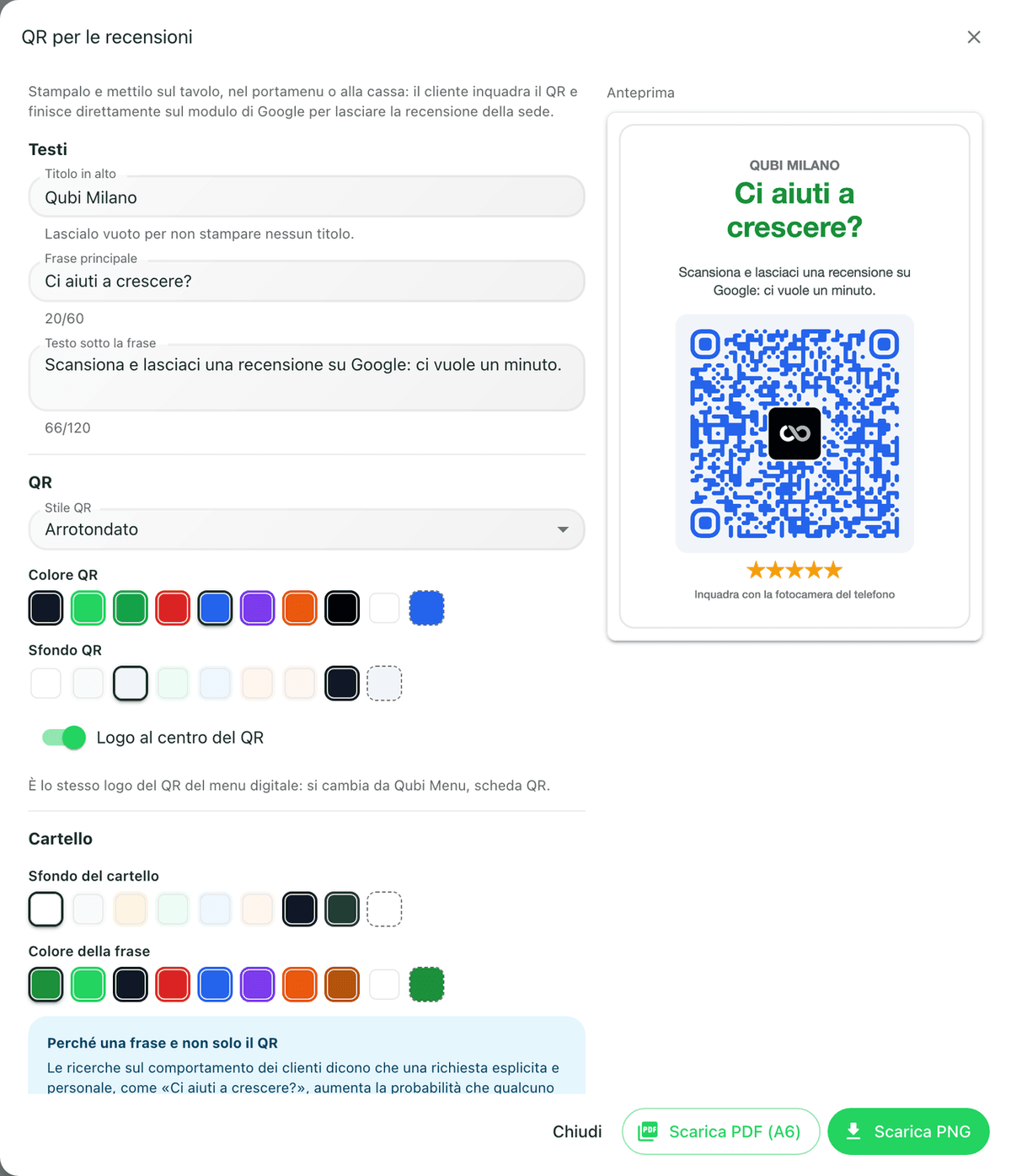 Finestra di Qubi per personalizzare il cartello con il QR per le recensioni
