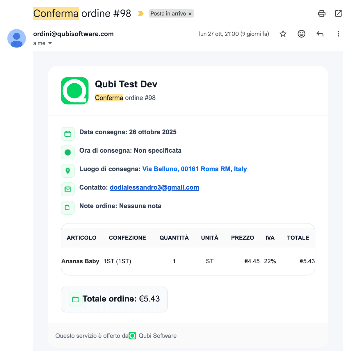 Email ordine al fornitore con dettagli di consegna
