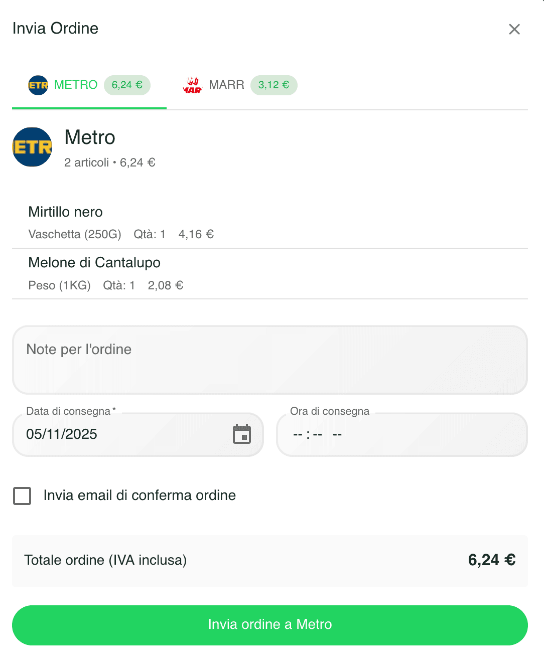 Invio ordine con filtri su date e orari del fornitore