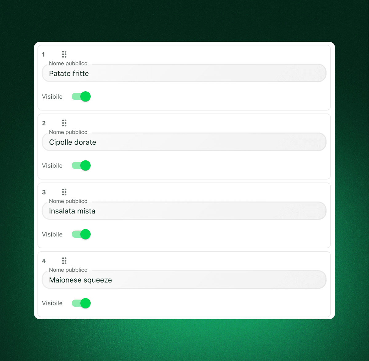 Valori nutrizionali e calorie nel menu digitale