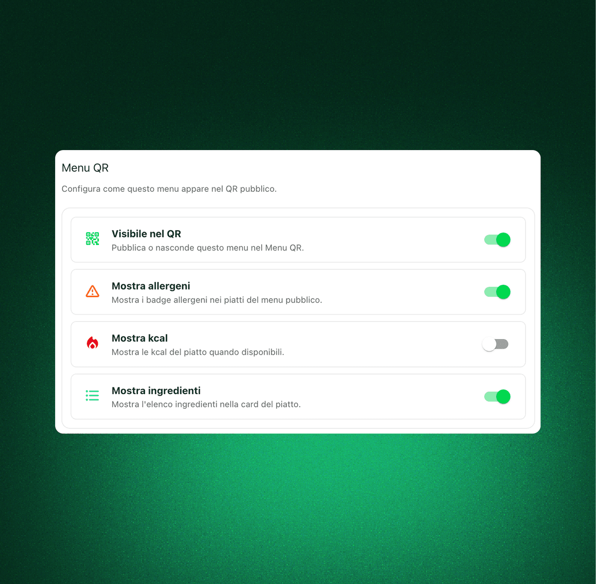 Gestione ingredienti pubblici e allergeni del menu