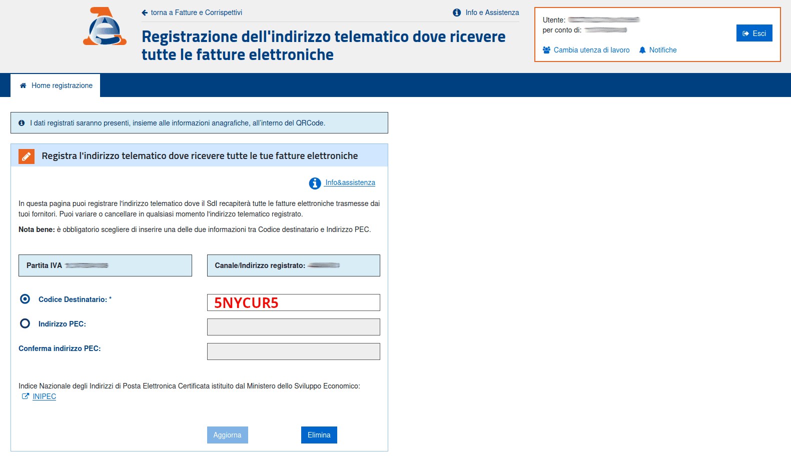 Inserimento Codice Destinatario