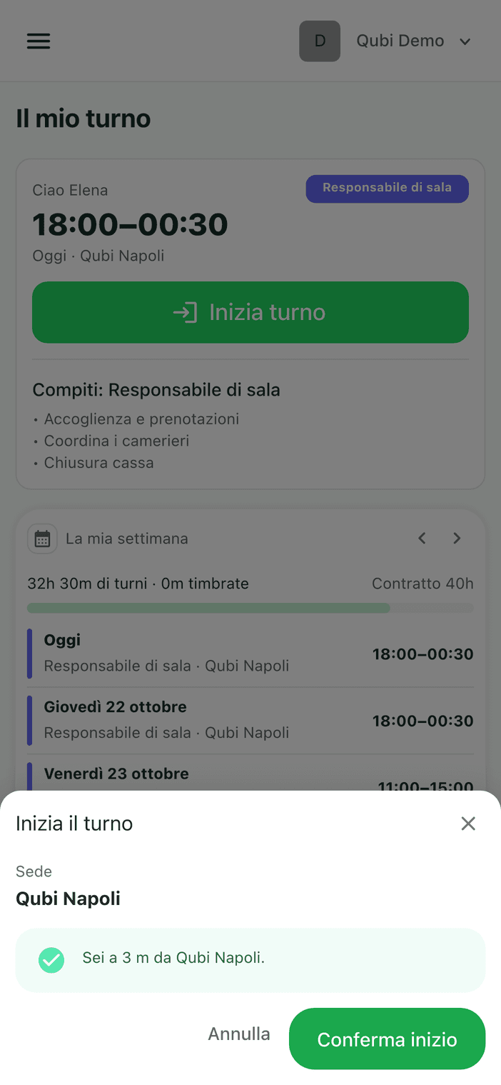 Timbratura dal telefono con la conferma della distanza dal locale
