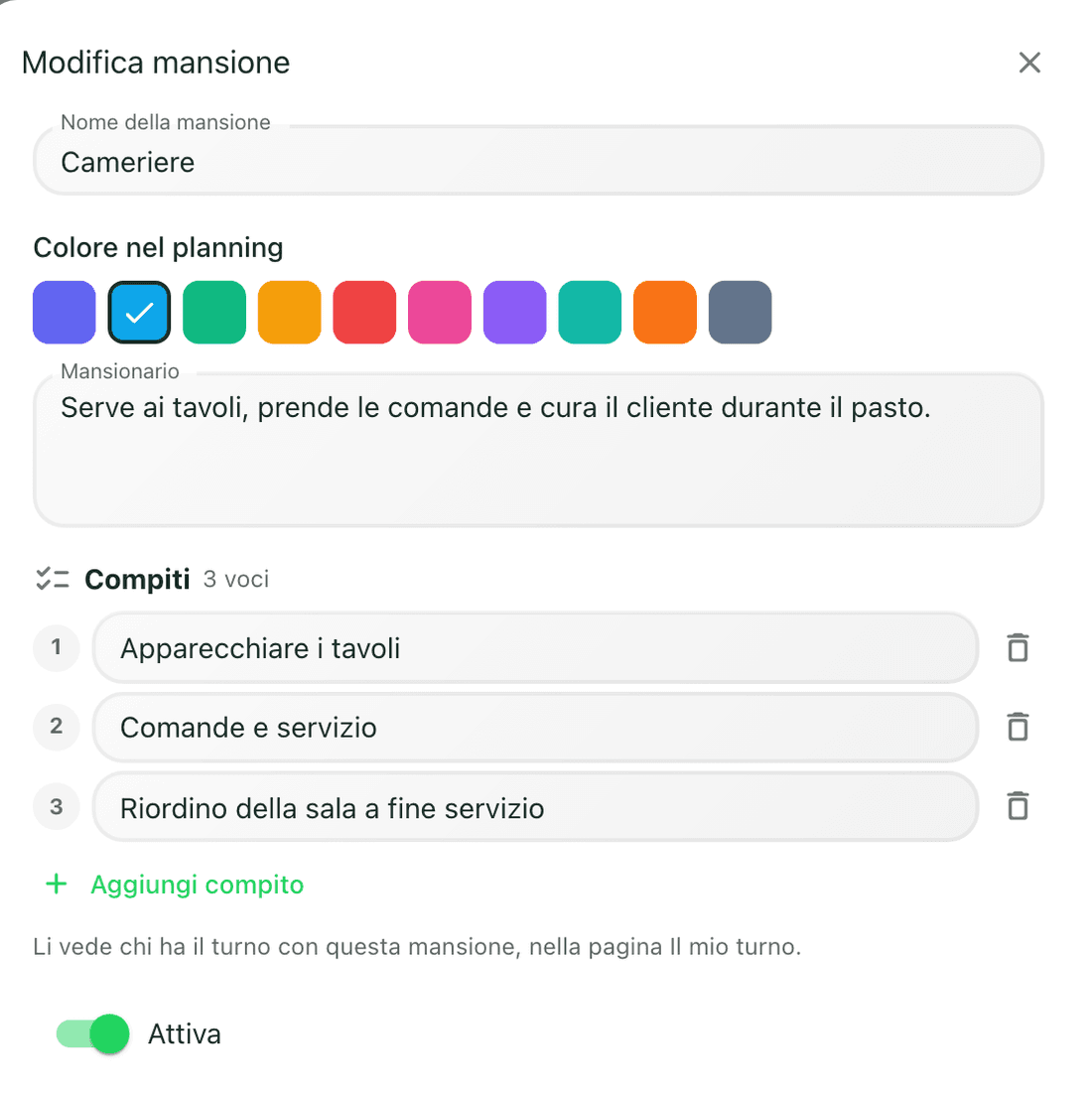 Mansione con colore, mansionario e compiti numerati