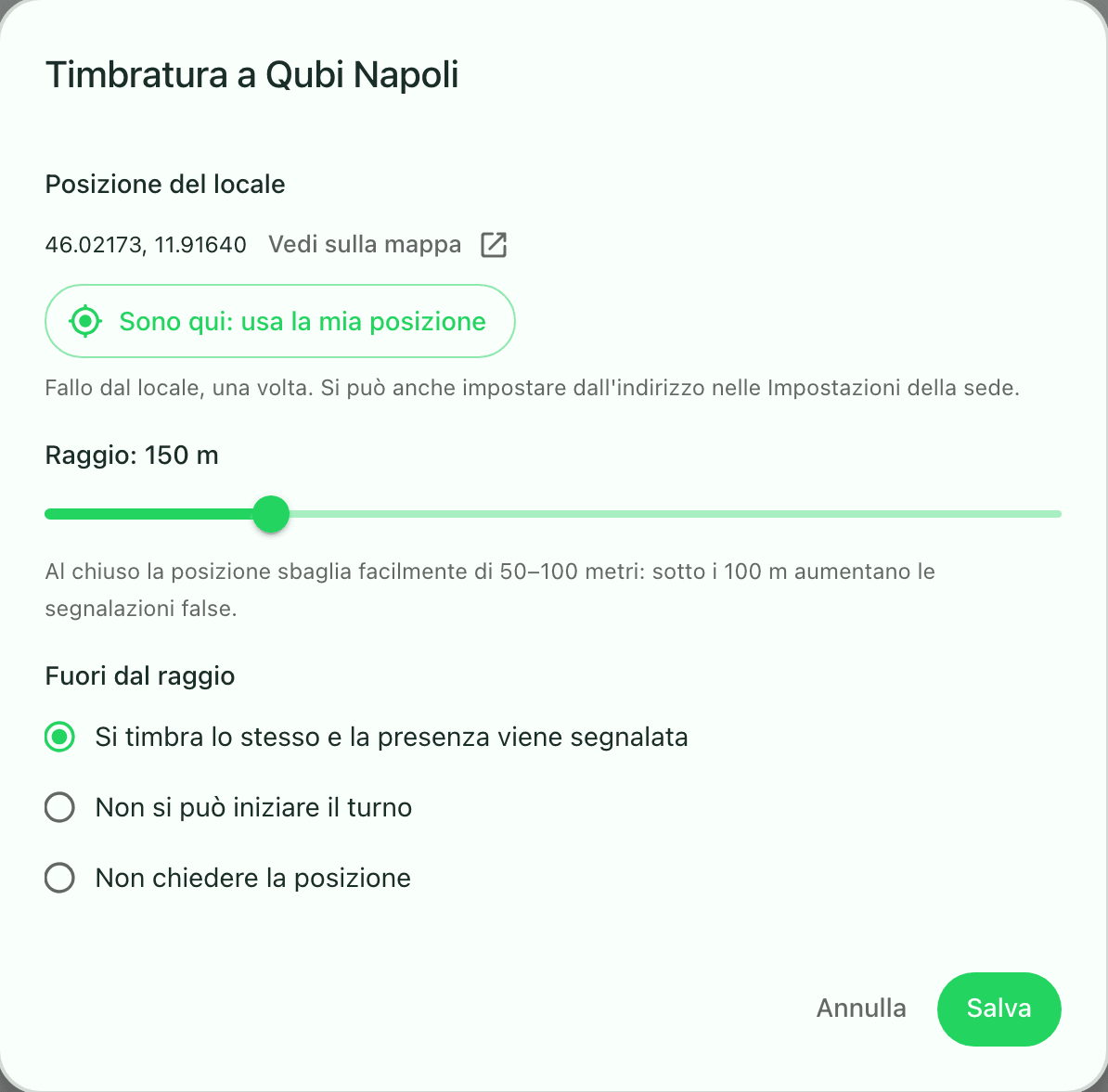 Impostazione della posizione del locale, del raggio e della regola fuori sede per la timbratura