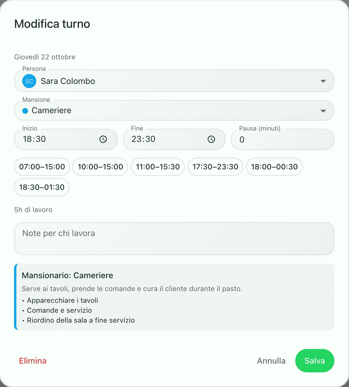 Finestra per aggiungere un turno con persona, mansione, orari, pausa e mansionario
