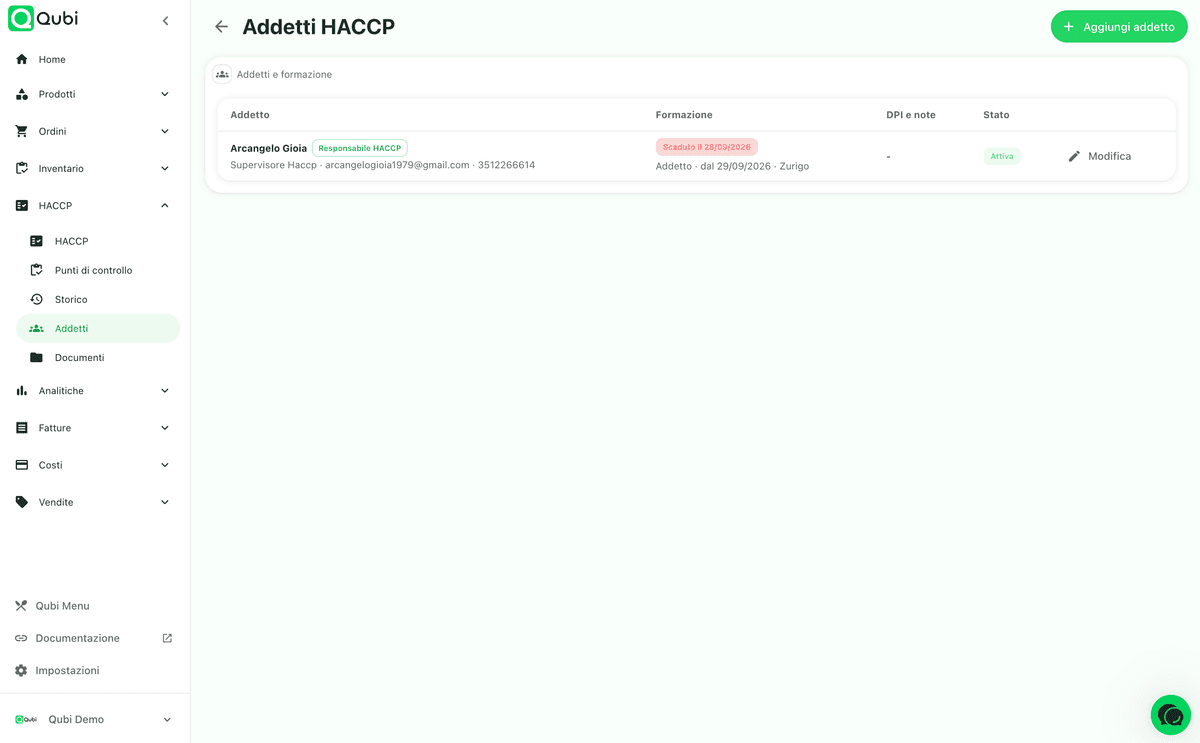HACCP staff page in Qubi with role, training and certificate expiry
