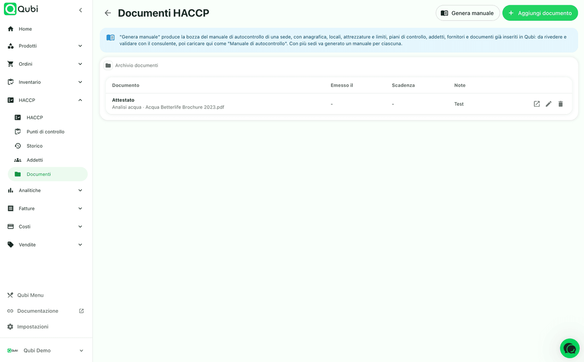 HACCP document archive in Qubi with categories, expiry dates and manual generation