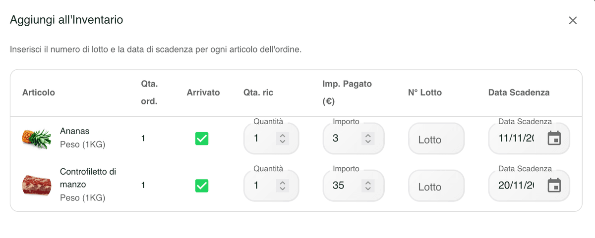 Carico inventario da ordini - Quantità e prezzi variati, non ricevuti
