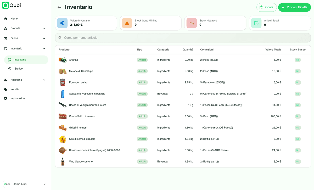Inventario bottiglie e lotti