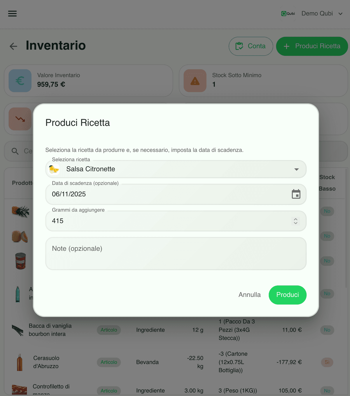 Produzione ricette con scadenze - Movimenti automatici a magazzino